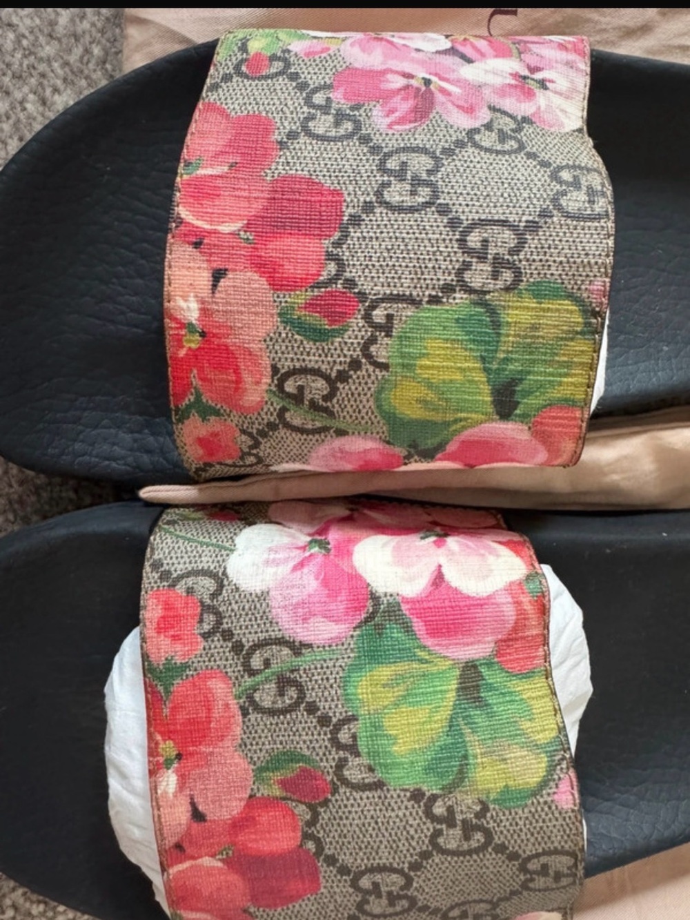 Gucci Floral Monogram Black Slide Sandals with Pink & Green Flowers - Picture 1 of 5